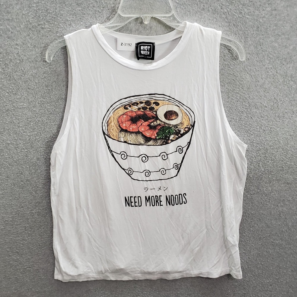 Riot Queen Women Top Large White Need More Noods Food Sleeveless Tank Casual